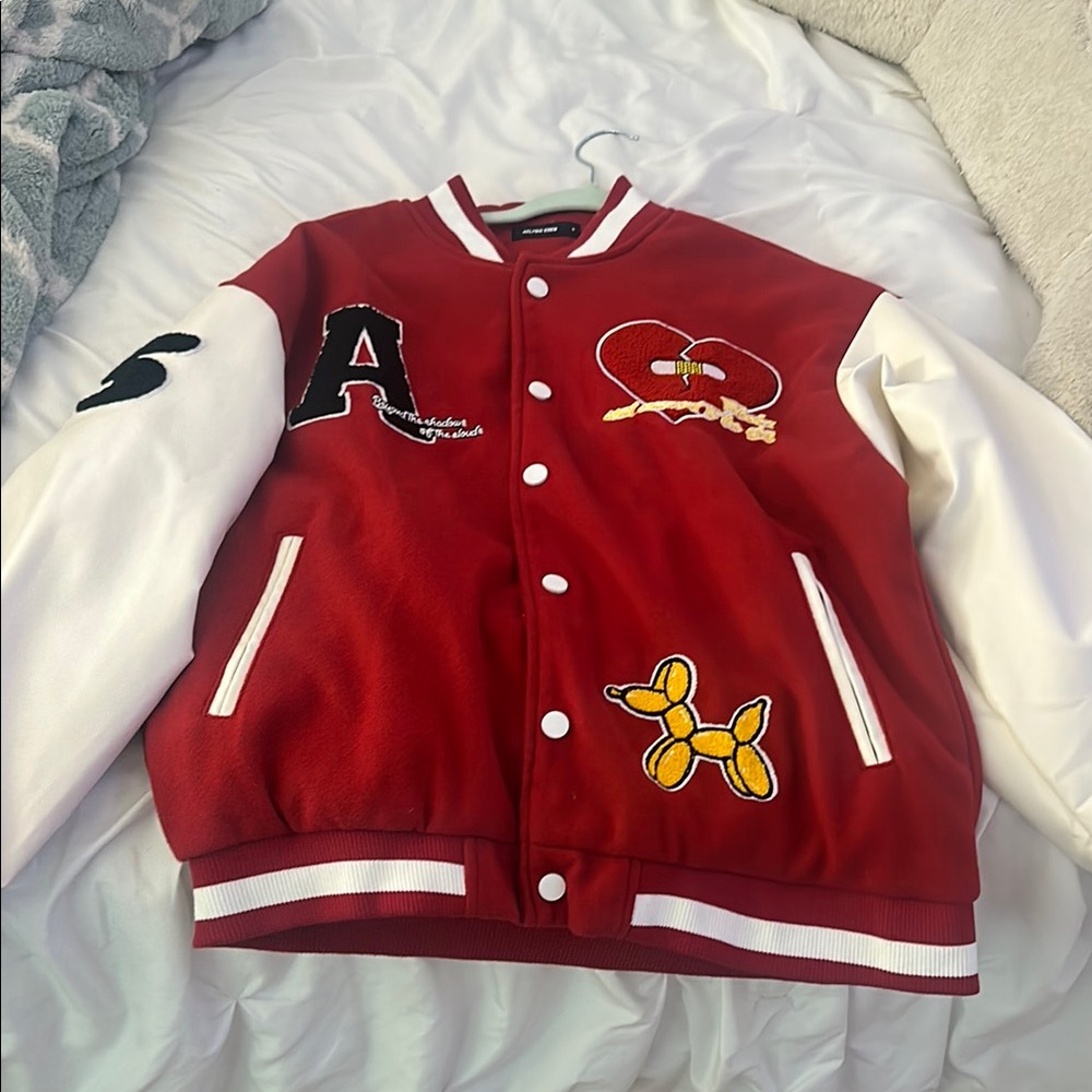Red and White Varsity Jacket with Patches